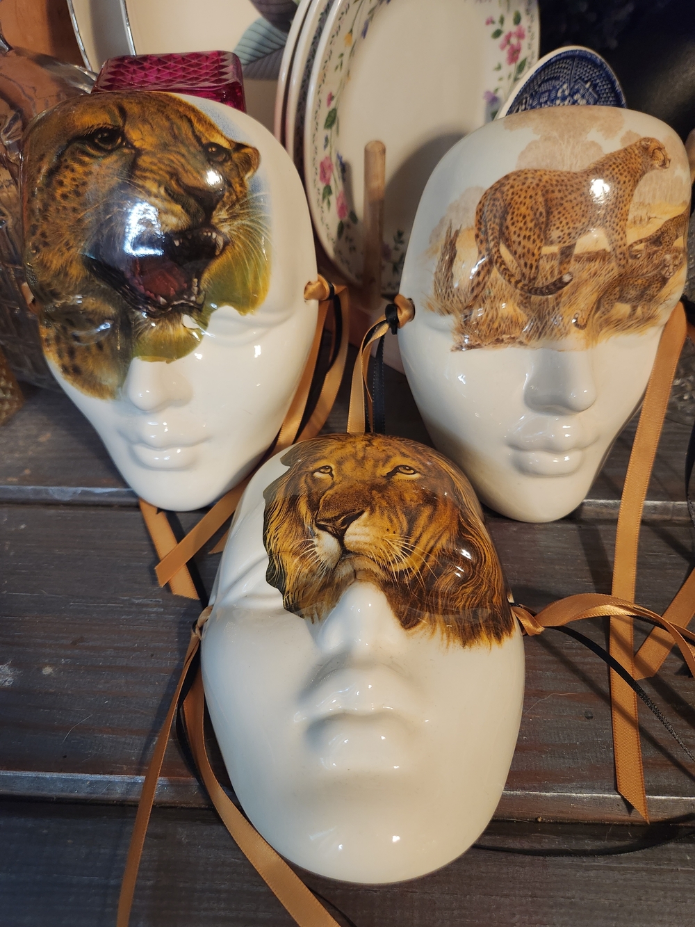 Hand-Painted Lion & Cheetah Ceramic Face Mask Wall Decor Animal Decor